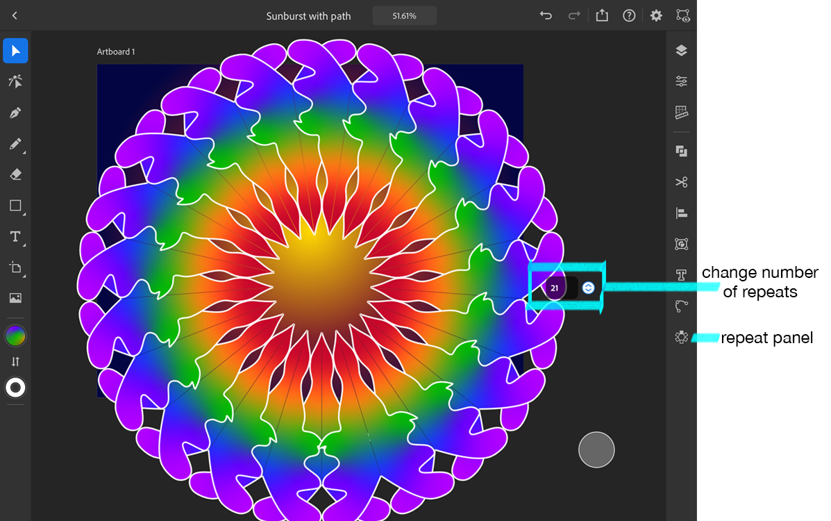 Shape repeated 21 times around a circle in Ilustrator for the iPad