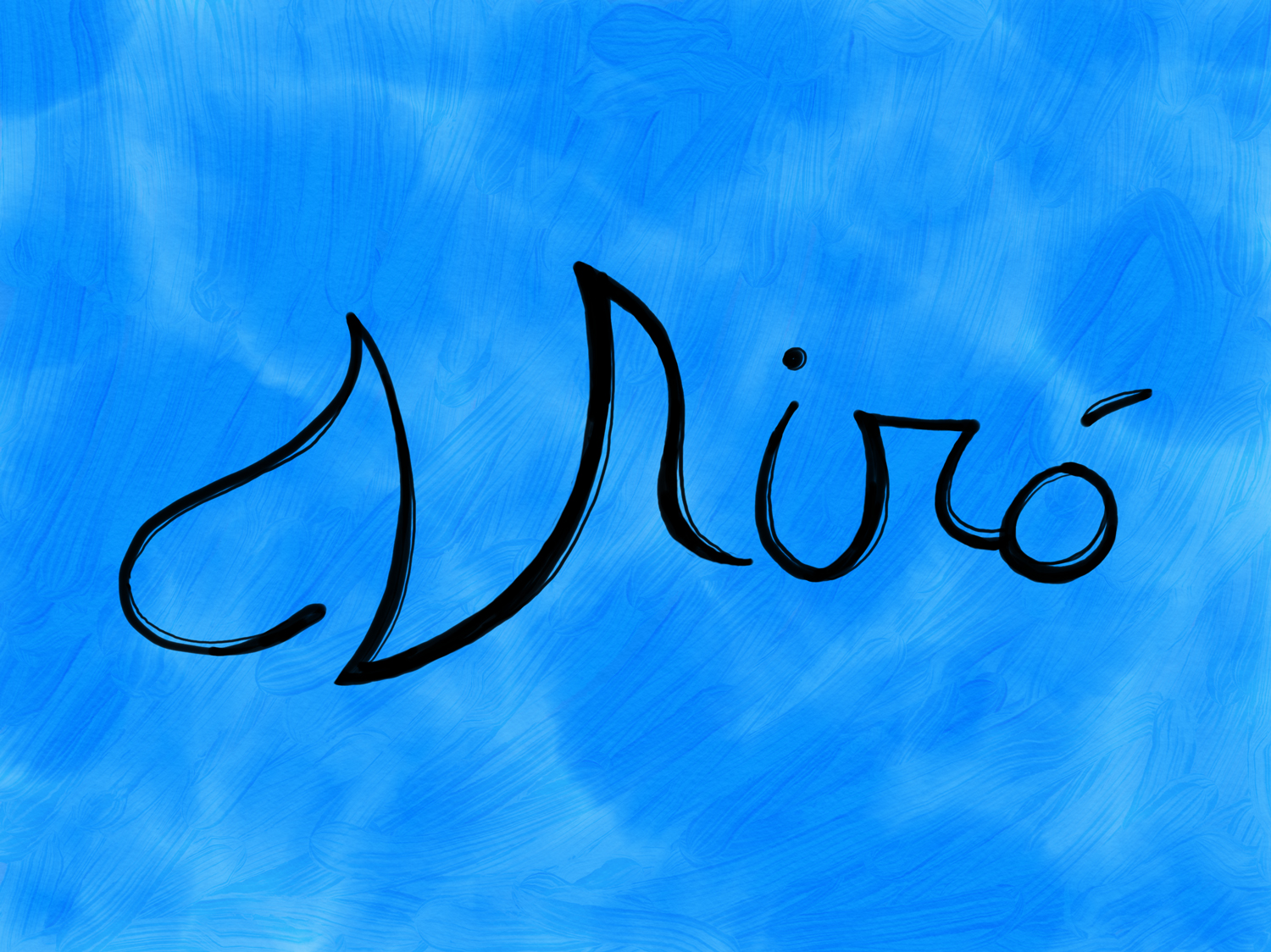 An interpretation of the signature of Joan Miró on a blue background