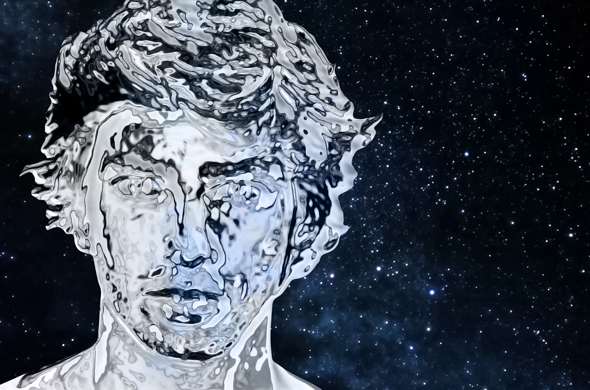 Boy rendered in chrome with Photoshop's Chrome filter and Select and Mask. 